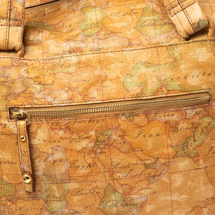 Pre Owned Alviero Martini 1A Classe Tan Geo Print Coated Canvas Front Pocket Satchel