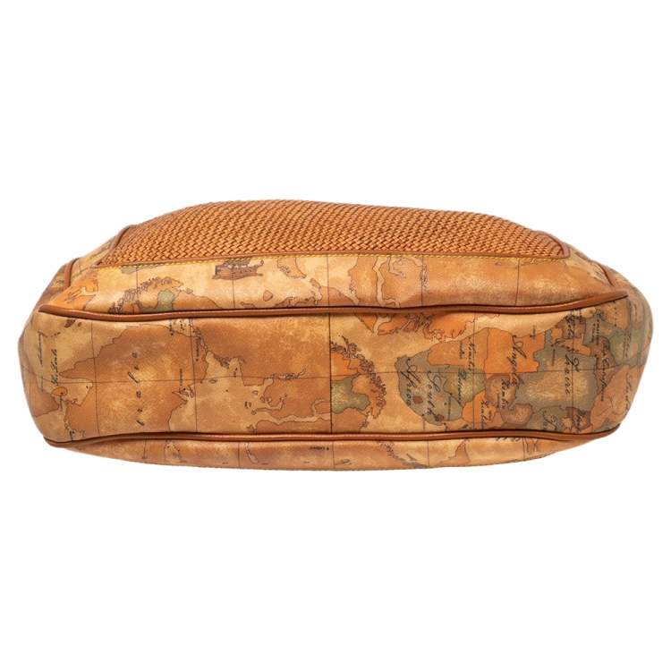 Pre Owned Alviero Martini 1A Classe Tan Geo Print Coated Canvas and Woven Leather Shoulder Bag
