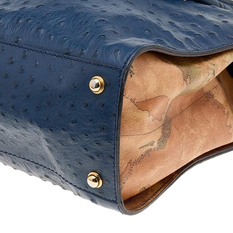 Pre Owned Alviero Martini 1A Classe Blue/Beige Ostrich Embossed Leather Satchel