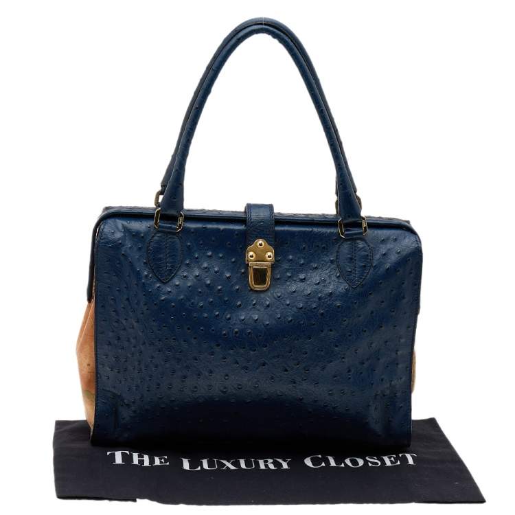 Pre Owned Alviero Martini 1A Classe Blue/Beige Ostrich Embossed Leather Satchel