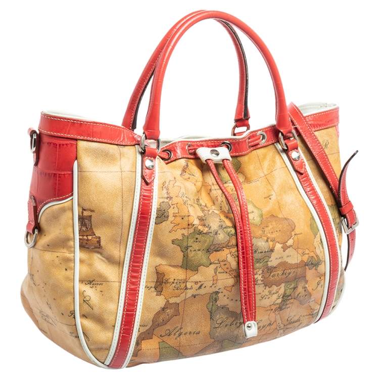 Pre Owned Alviero Martini 1A Classe Tan Geo Print Coated Canvas and Leather Drawstring Shoulder Bag