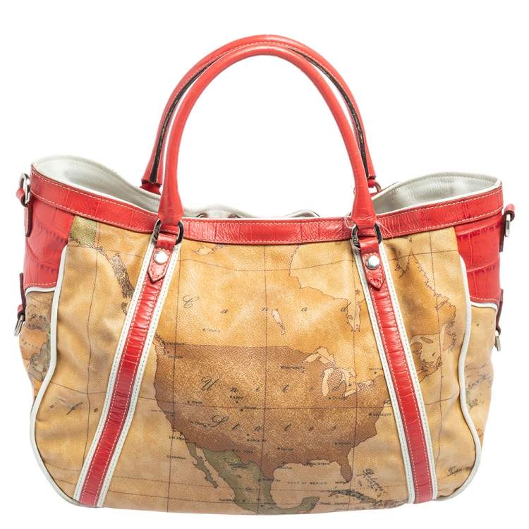 Pre Owned Alviero Martini 1A Classe Tan Geo Print Coated Canvas and Leather Drawstring Shoulder Bag