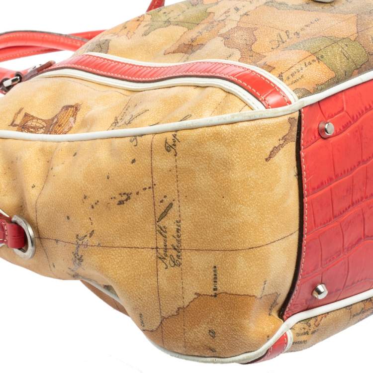 Pre Owned Alviero Martini 1A Classe Tan Geo Print Coated Canvas and Leather Drawstring Shoulder Bag