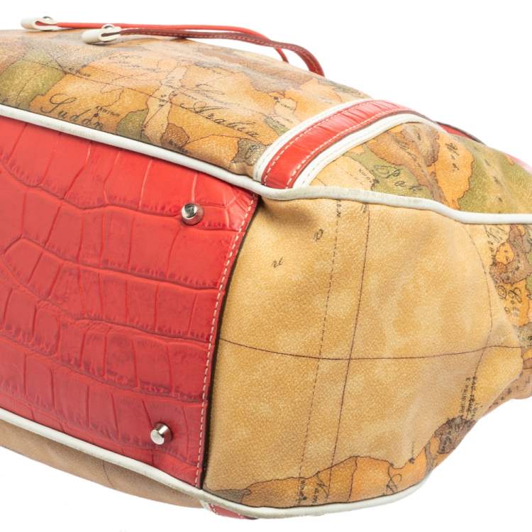 Pre Owned Alviero Martini 1A Classe Tan Geo Print Coated Canvas and Leather Drawstring Shoulder Bag