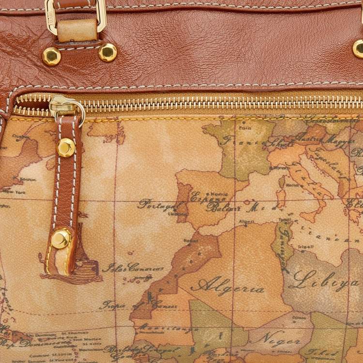 Pre Owned Alviero Martini 1A Classe Tan/Brown Geo Print Coated Canvas and Leather Satchel