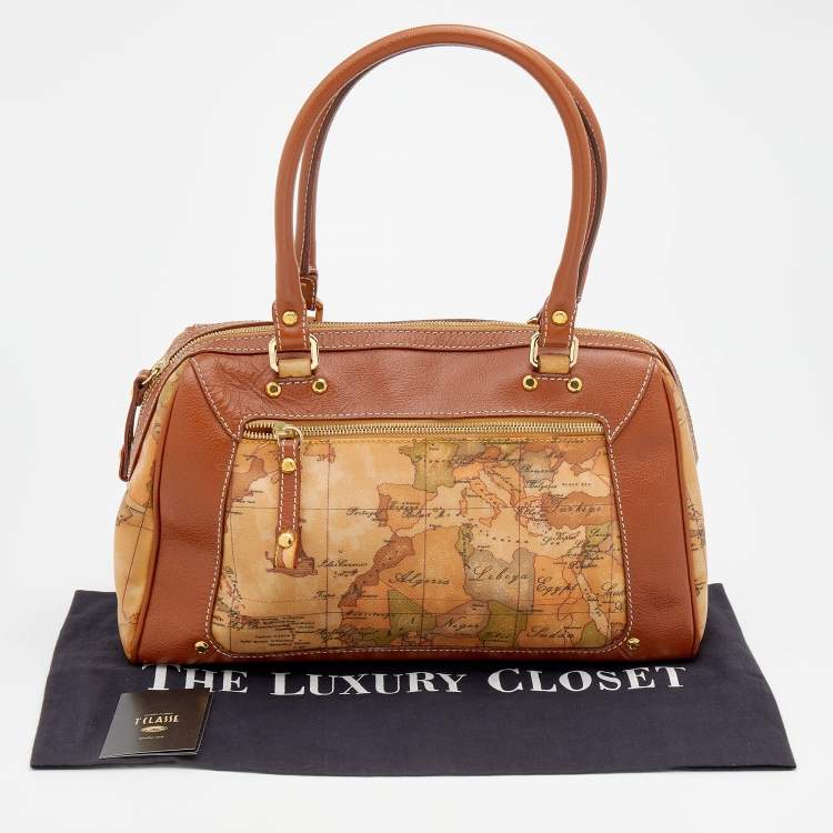 Pre Owned Alviero Martini 1A Classe Tan/Brown Geo Print Coated Canvas and Leather Satchel