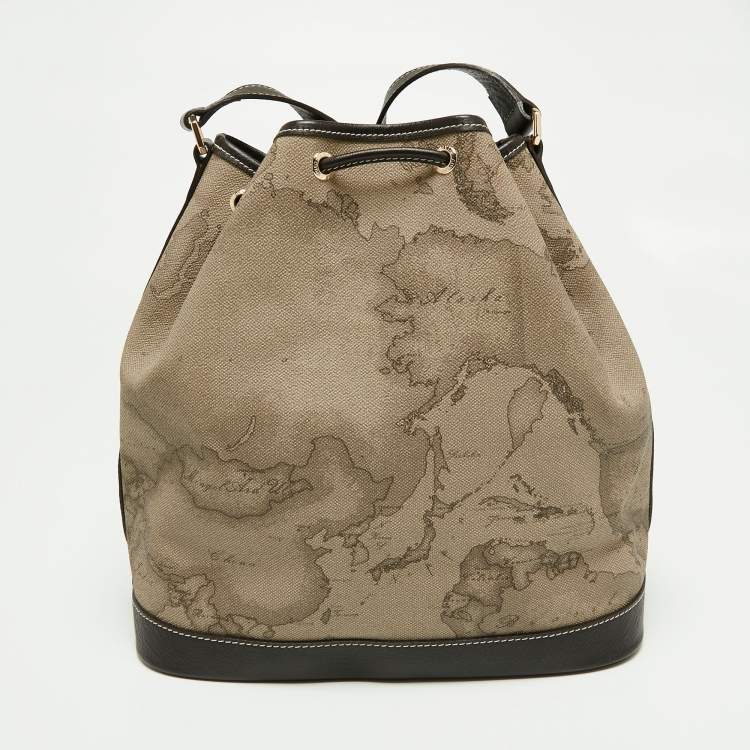 Pre Owned Alviero Martini 1A Classe Brown/Beige Coated Canvas and Leather Geo Classic Bucket Bag