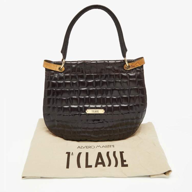 Pre Owned Alviero Martini 1A Classe Dark Brown Croc Embossed Leather and Canvas Hobo 