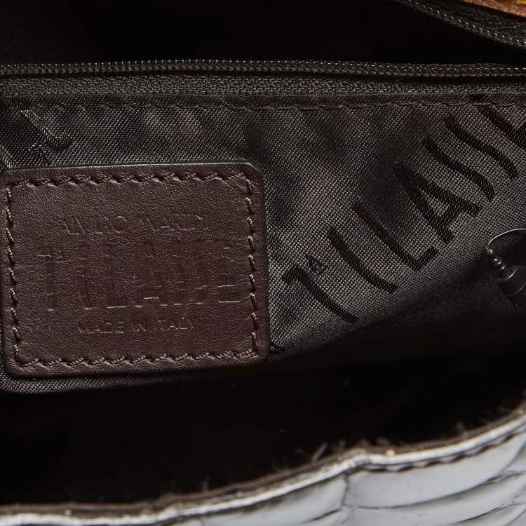 Pre Owned Alviero Martini 1A Classe Dark Brown Croc Embossed Leather and Canvas Hobo 
