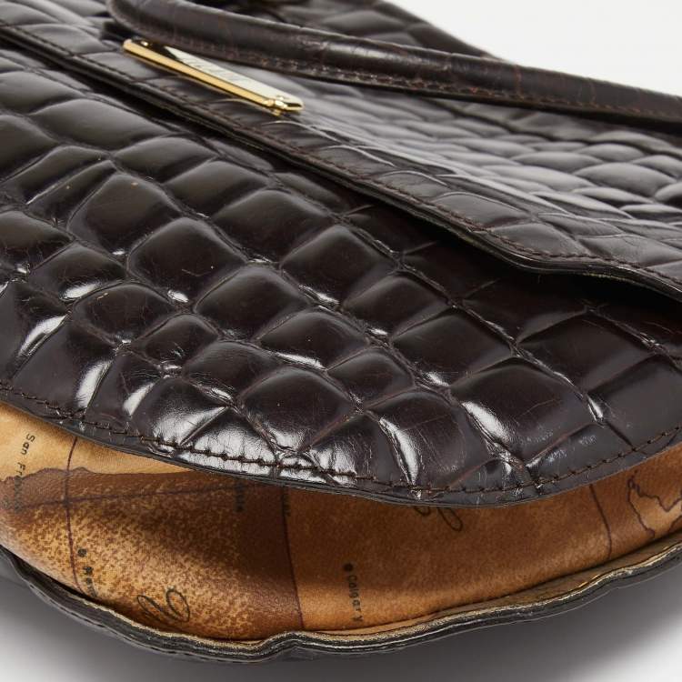 Pre Owned Alviero Martini 1A Classe Dark Brown Croc Embossed Leather and Canvas Hobo 