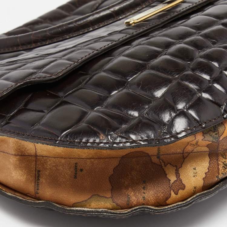 Pre Owned Alviero Martini 1A Classe Dark Brown Croc Embossed Leather and Canvas Hobo 