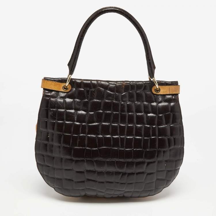 Pre Owned Alviero Martini 1A Classe Dark Brown Croc Embossed Leather and Canvas Hobo 