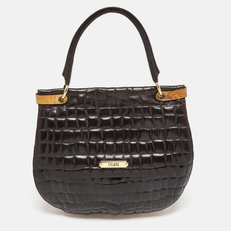Pre Owned Alviero Martini 1A Classe Dark Brown Croc Embossed Leather and Canvas Hobo 