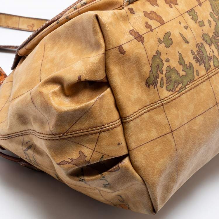 Pre Owned Alviero Martini 1A Classe Beige/Brown Geo Print Coated Canvas/Python Leather Front Pocket Tote