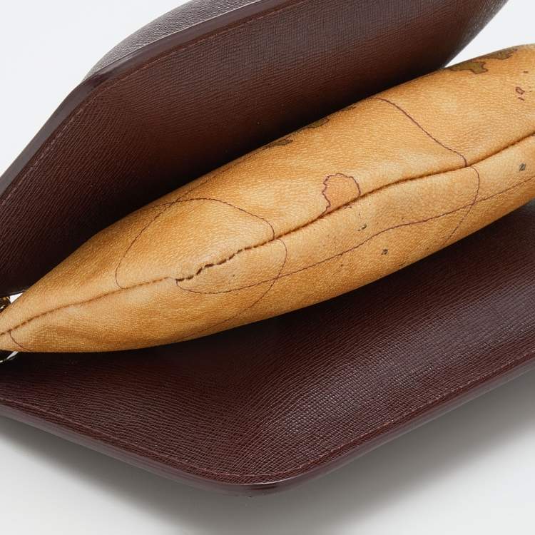 Pre Owned Alivero Martini 1A Classe Burgundy/Beige Leather and Coated Canvas Zip Crossbody Bag