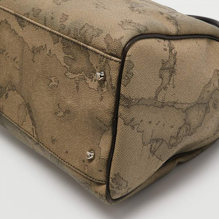 Pre Owned Alviero Martini 1A Classe Grey/Brown Geo Print Coated Canvas and Leather Satchel