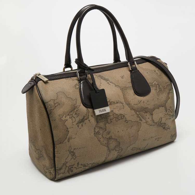 Pre Owned Alviero Martini 1A Classe Grey/Brown Geo Print Coated Canvas and Leather Satchel