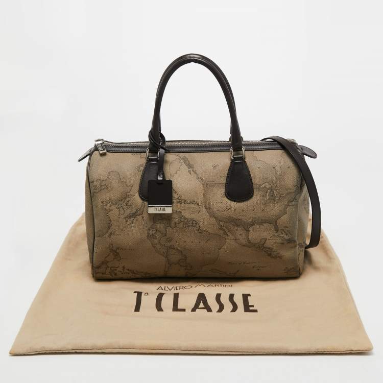 Pre Owned Alviero Martini 1A Classe Grey/Brown Geo Print Coated Canvas and Leather Satchel