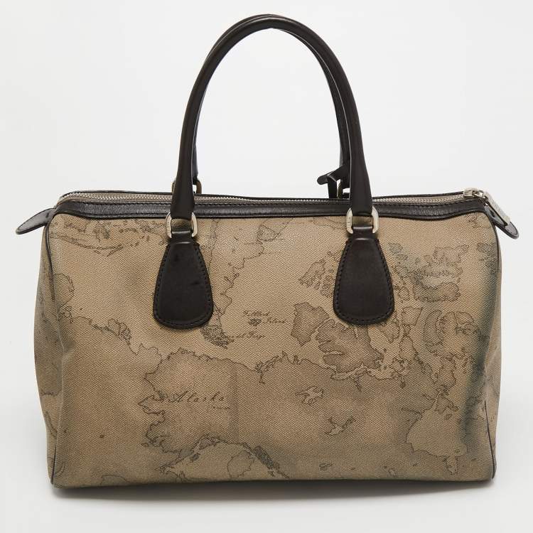 Pre Owned Alviero Martini 1A Classe Grey/Brown Geo Print Coated Canvas and Leather Satchel