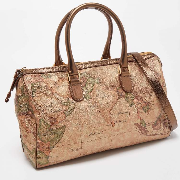 Pre Owned Alviero Martini 1A Classe Gold/Bronze Geo Classic Print Coated Canvas and Leather Boston Satchel