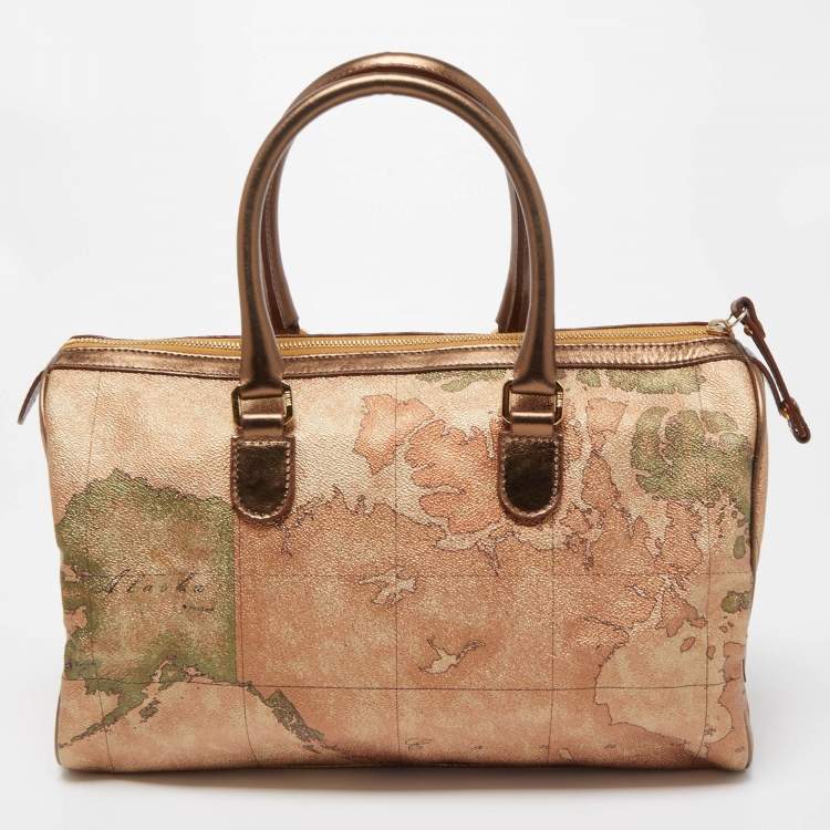 Pre Owned Alviero Martini 1A Classe Gold/Bronze Geo Classic Print Coated Canvas and Leather Boston Satchel