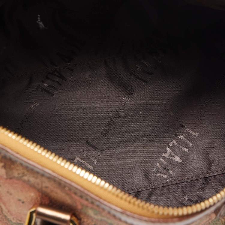 Pre Owned Alviero Martini 1A Classe Gold/Bronze Geo Classic Print Coated Canvas and Leather Boston Satchel