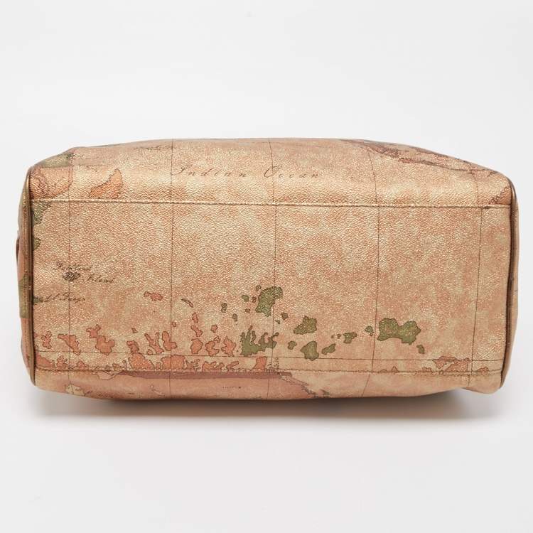 Pre Owned Alviero Martini 1A Classe Gold/Bronze Geo Classic Print Coated Canvas and Leather Boston Satchel