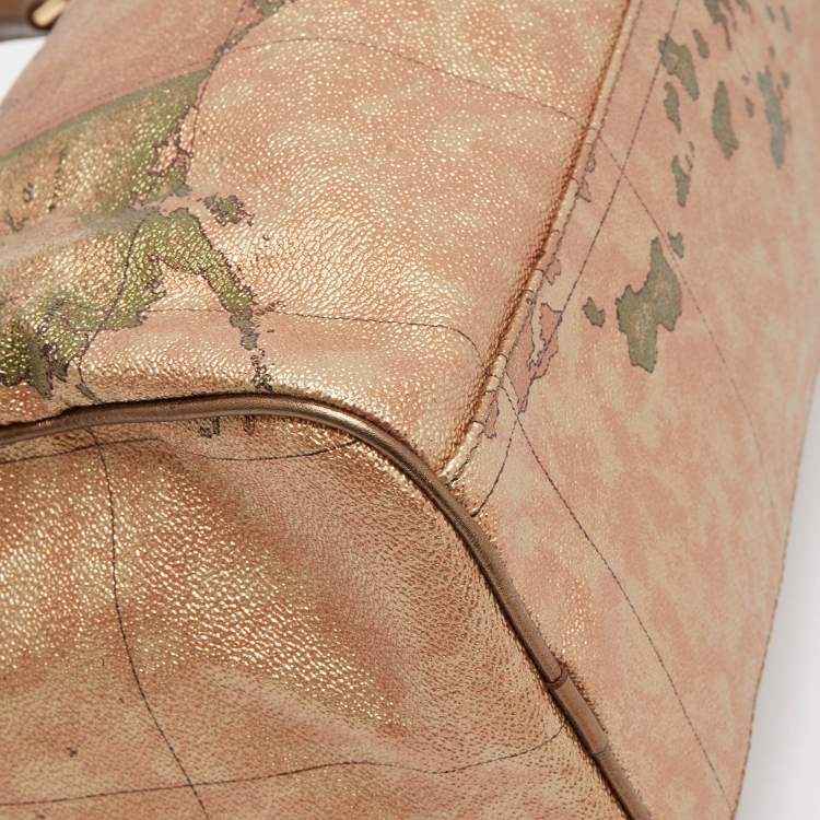 Pre Owned Alviero Martini 1A Classe Gold/Bronze Geo Classic Print Coated Canvas and Leather Boston Satchel