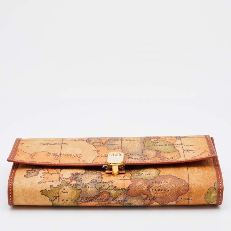 Pre Owned Alviero Martini 1A Classe Tan Geo Print Coated Canvas and Leather Flap Continental Wallet