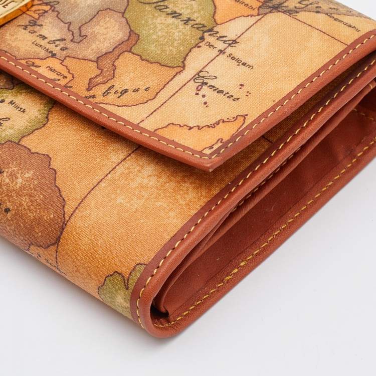 Pre Owned Alviero Martini 1A Classe Tan Geo Print Coated Canvas and Leather Flap Continental Wallet