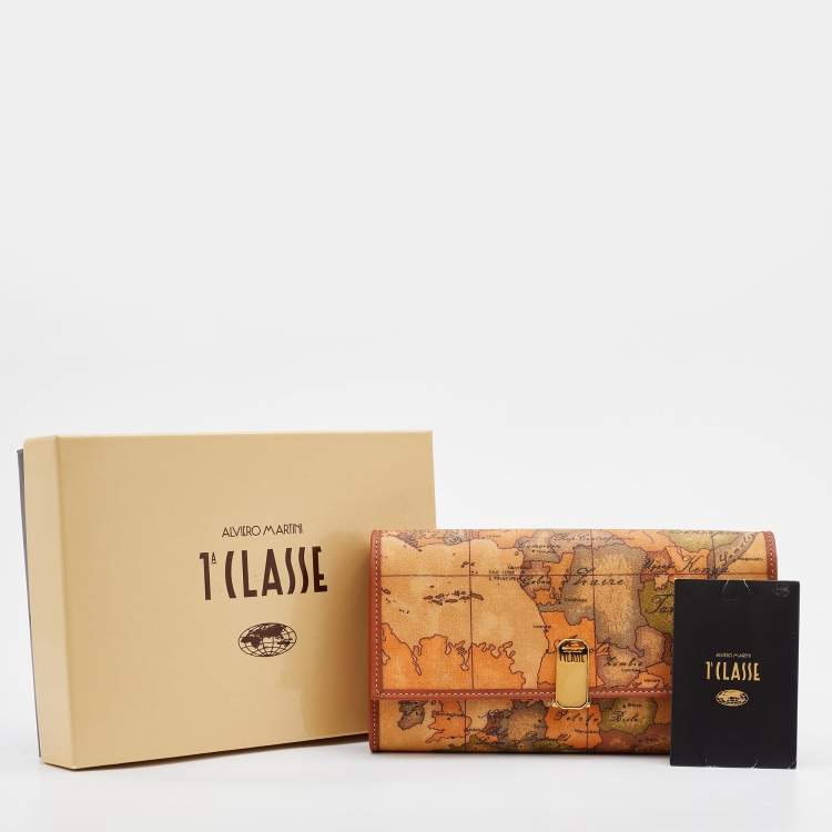 Pre Owned Alviero Martini 1A Classe Tan Geo Print Coated Canvas and Leather Flap Continental Wallet