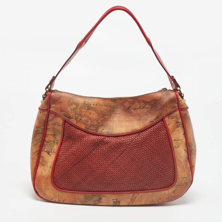 Pre Owned Alviero Martini 1A Classe Tan/Ted Geo Print Coated Canvas and Woven Leather Front Pocket Hobo