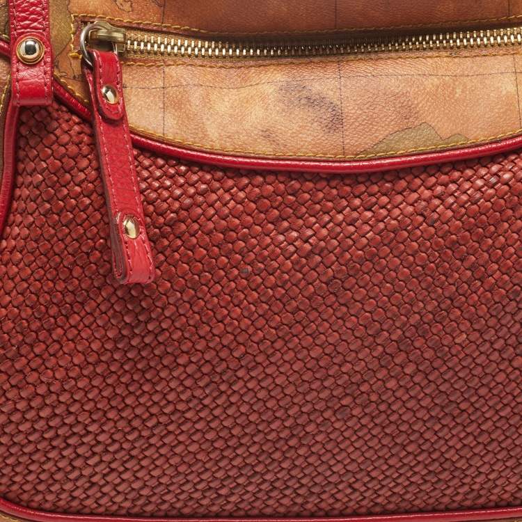 Pre Owned Alviero Martini 1A Classe Tan/Ted Geo Print Coated Canvas and Woven Leather Front Pocket Hobo