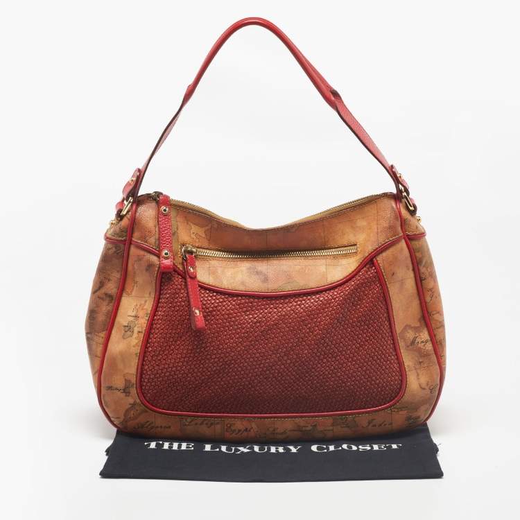Pre Owned Alviero Martini 1A Classe Tan/Ted Geo Print Coated Canvas and Woven Leather Front Pocket Hobo