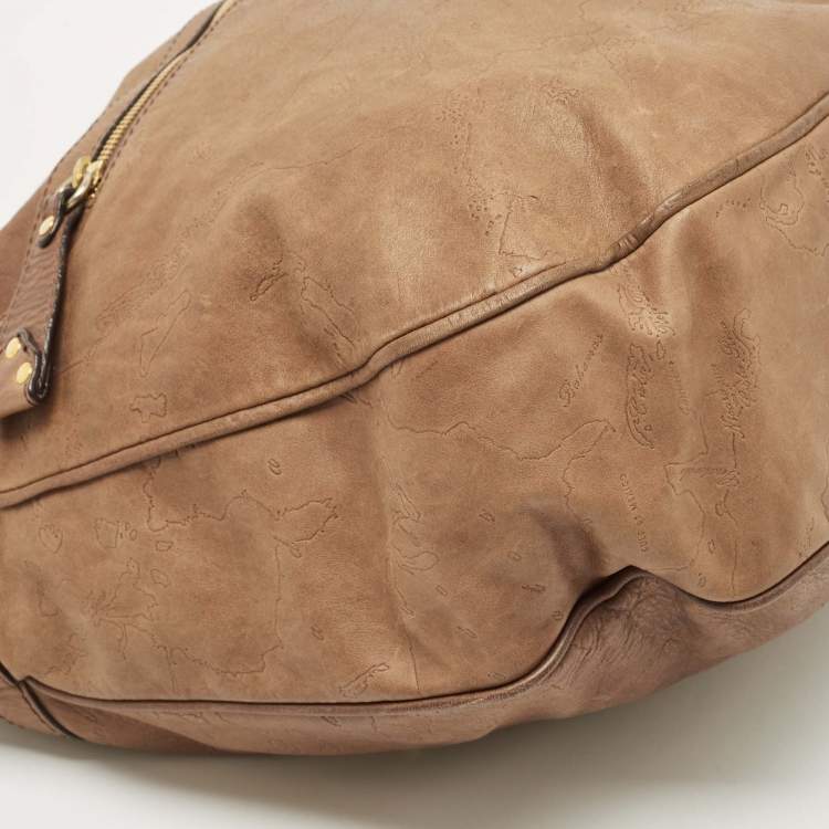 Pre Owned Alviero Martini 1A Classe Brown Map Embossed Leather Hobo