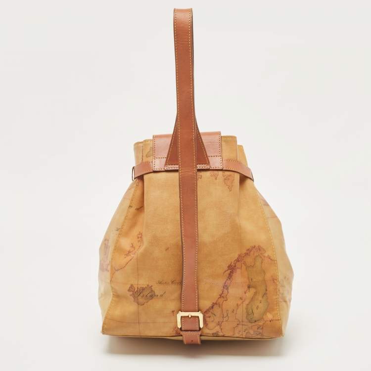 Pre Owned Alviero Martini 1A Classe Tan Geo Coated Canvas and Leather Flap Sling Backpack