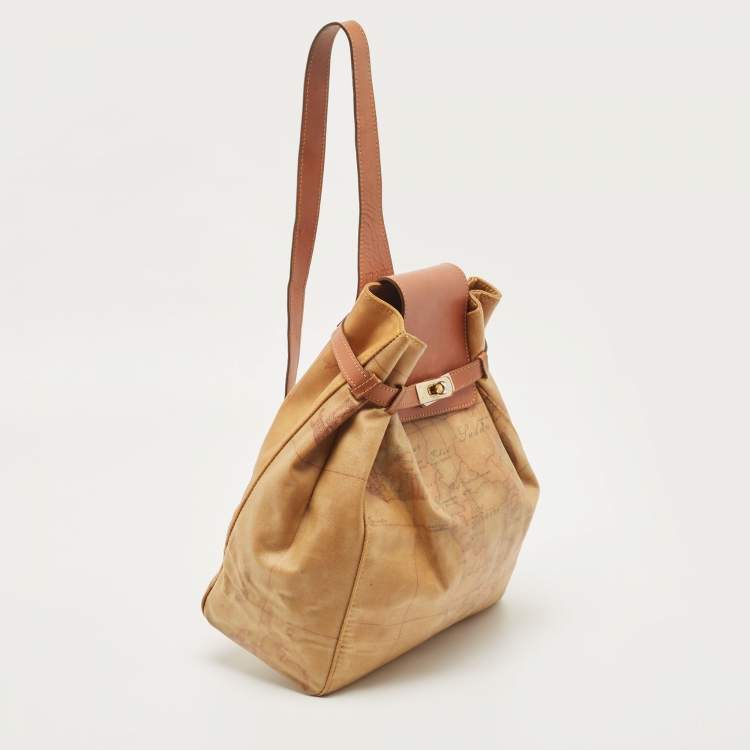 Pre Owned Alviero Martini 1A Classe Tan Geo Coated Canvas and Leather Flap Sling Backpack