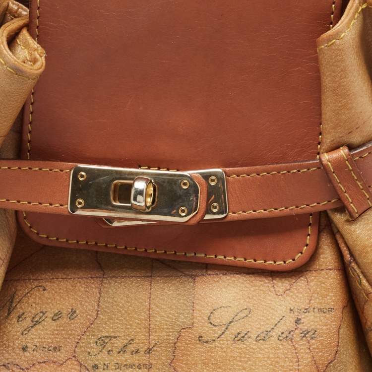Pre Owned Alviero Martini 1A Classe Tan Geo Coated Canvas and Leather Flap Sling Backpack