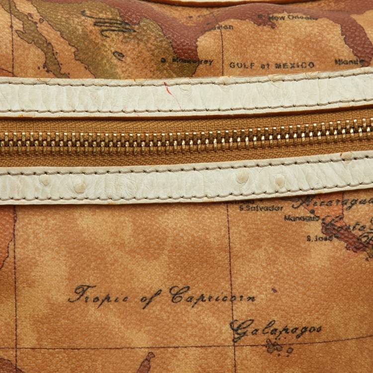 Pre Owned Alviero Martini 1A Classe White/Tan Geo Print Coated Canvas and Leather Front Pocket Hobo