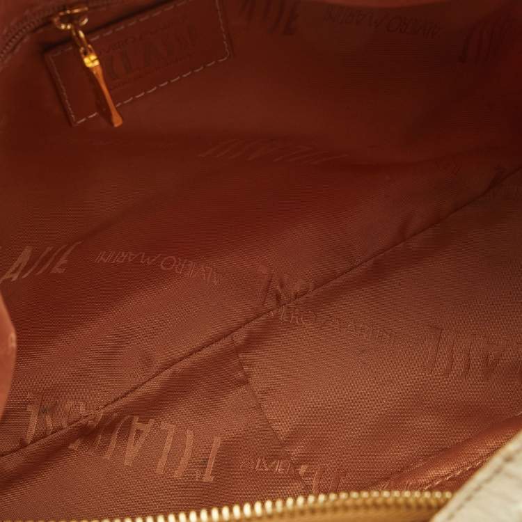 Pre Owned Alviero Martini 1A Classe White/Tan Geo Print Coated Canvas and Leather Front Pocket Hobo