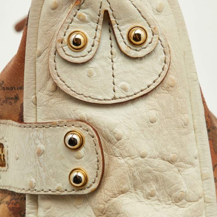 Pre Owned Alviero Martini 1A Classe White/Tan Geo Print Coated Canvas and Leather Front Pocket Hobo