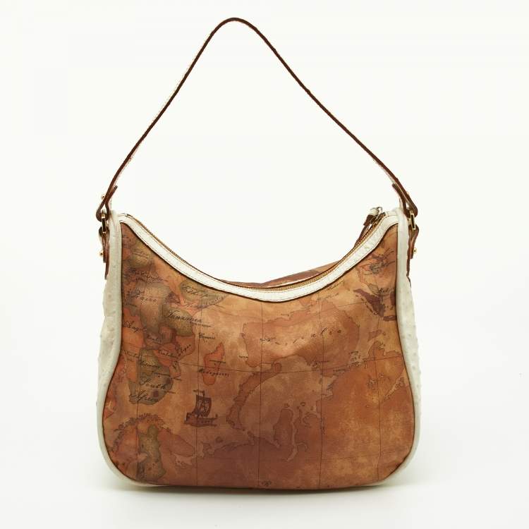 Pre Owned Alviero Martini 1A Classe White/Tan Geo Print Coated Canvas and Leather Front Pocket Hobo