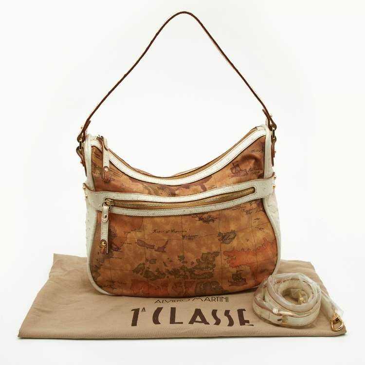 Pre Owned Alviero Martini 1A Classe White/Tan Geo Print Coated Canvas and Leather Front Pocket Hobo