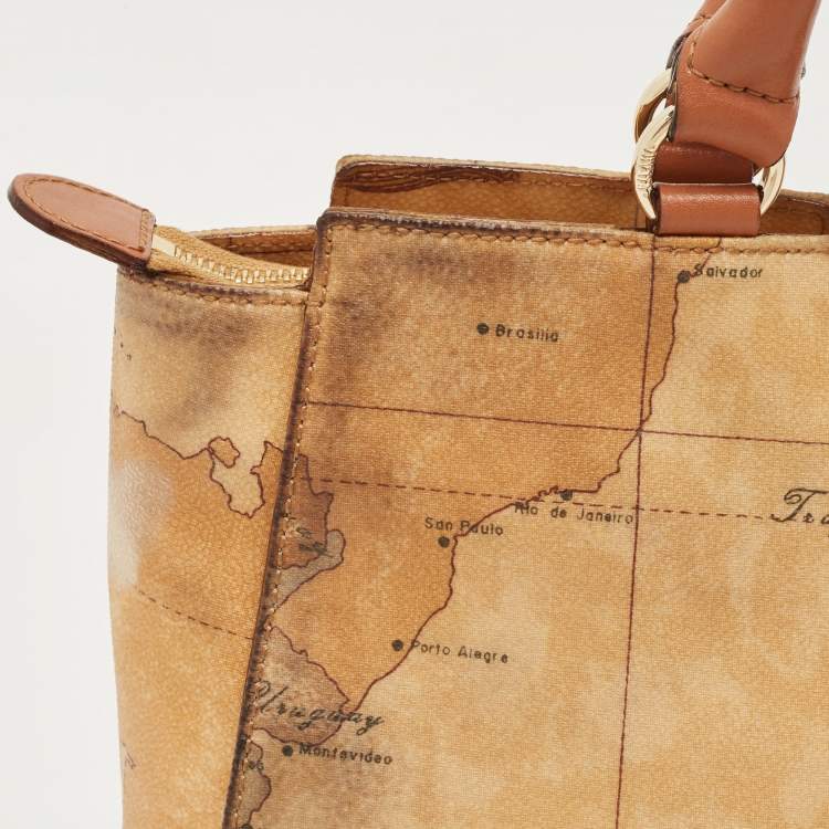 Pre Owned Alviero Martini 1A Classe Tan/Brown Geo Classic Print Coated Canvas and Leather Tote