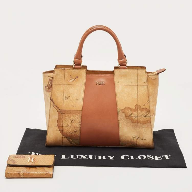 Pre Owned Alviero Martini 1A Classe Tan/Brown Geo Classic Print Coated Canvas and Leather Tote