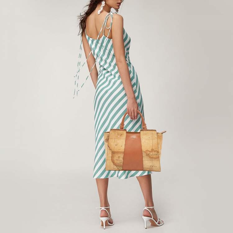 Pre Owned Alviero Martini 1A Classe Tan/Brown Geo Classic Print Coated Canvas and Leather Tote