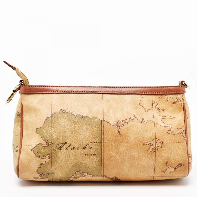 Pre Owned Alviero Martini 1A Classe  Tan Geo Classic Print Coated Canvas and Leather Zip Crossbody Bag