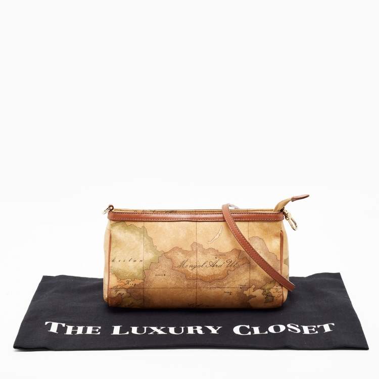 Pre Owned Alviero Martini 1A Classe  Tan Geo Classic Print Coated Canvas and Leather Zip Crossbody Bag