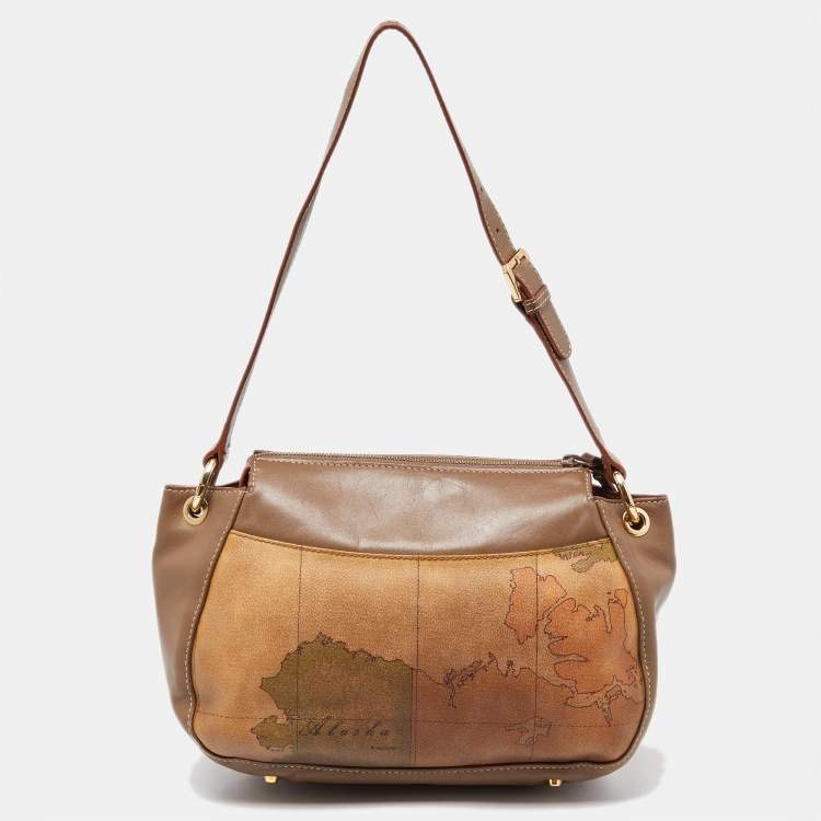 Pre Owned Alviero Martini 1A Classe Beige/Tan Geo Print Coated Canvas and Leather Zip Hobo
