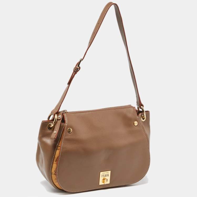 Pre Owned Alviero Martini 1A Classe Beige/Tan Geo Print Coated Canvas and Leather Zip Hobo